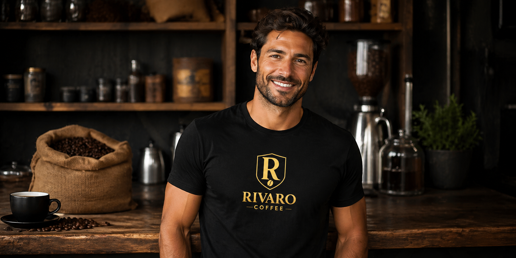 Man wearing a black t-shirt with RIVARO Coffee logo in a coffee shop setting

