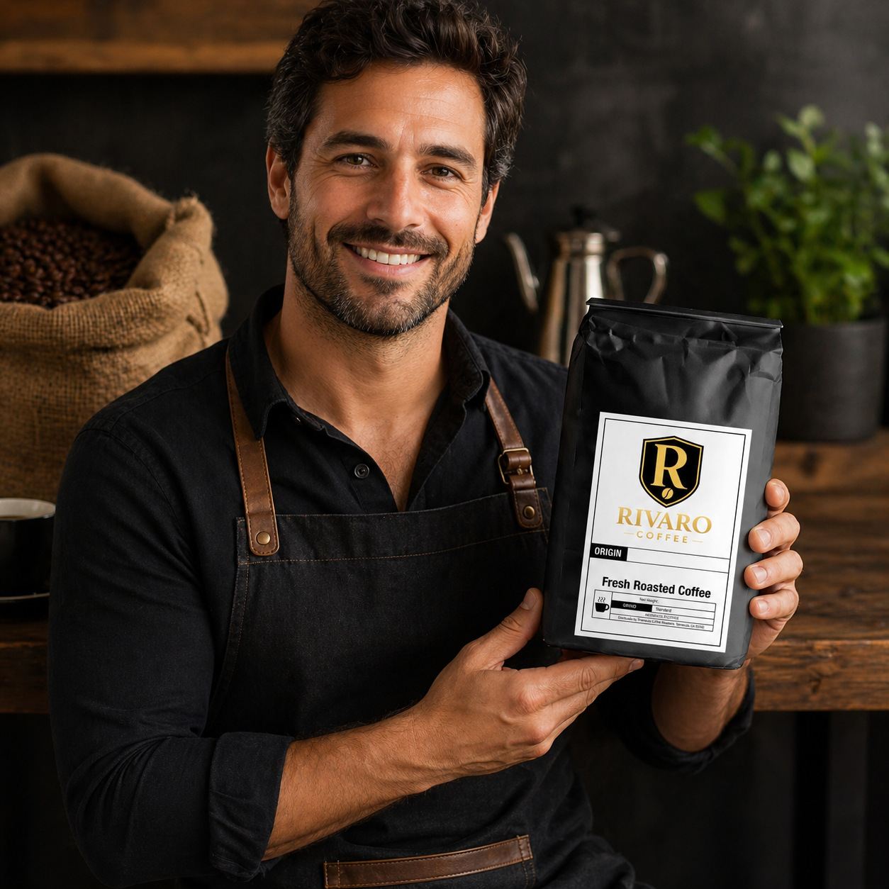 Man holding a bag of Rivaro Coffee in a coffee shop setting

