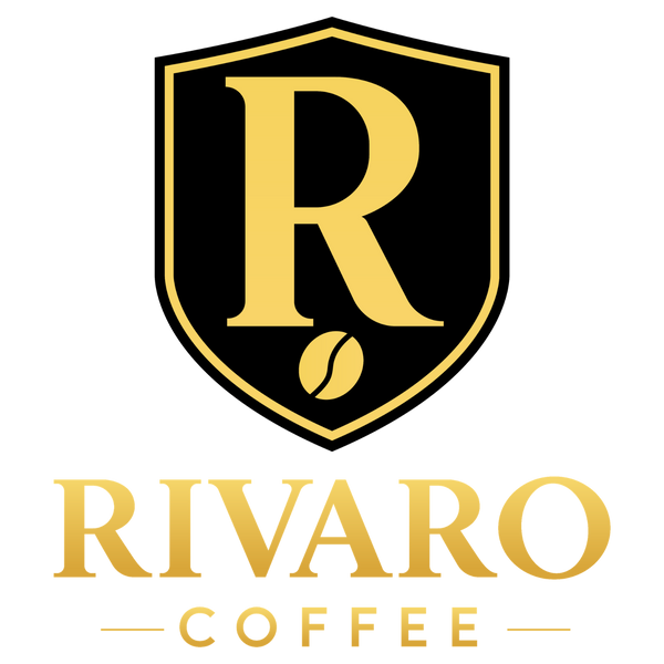Rivaro Coffee logo with a black shield and gold letter 'R' on a white background

