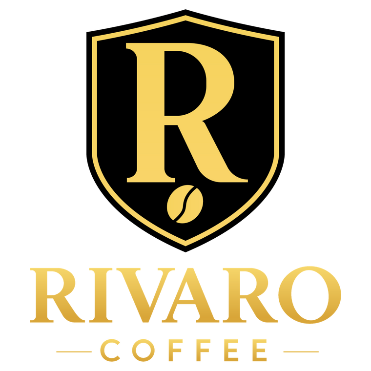 Rivaro Coffee logo with a black shield and gold letter 'R' on a white background

